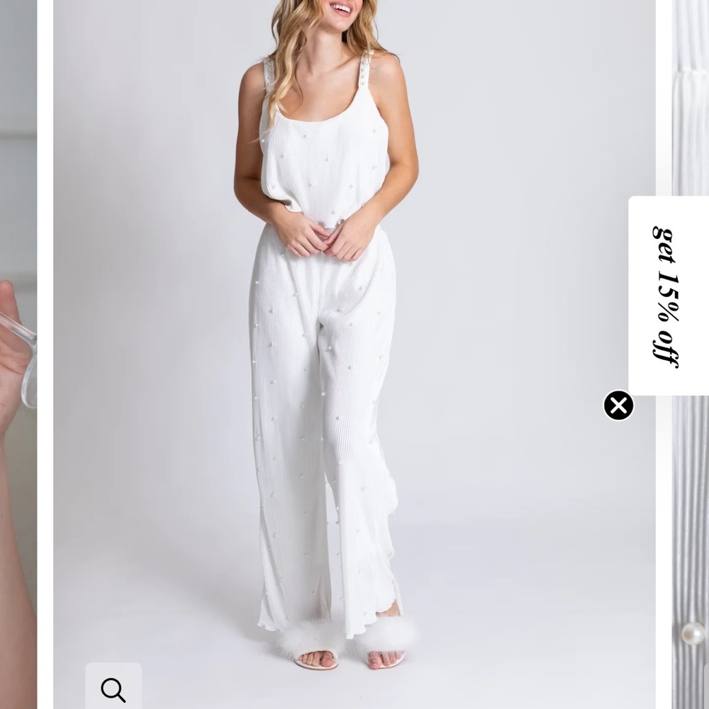 Fun pearled white bridal get ready or after party two piece set